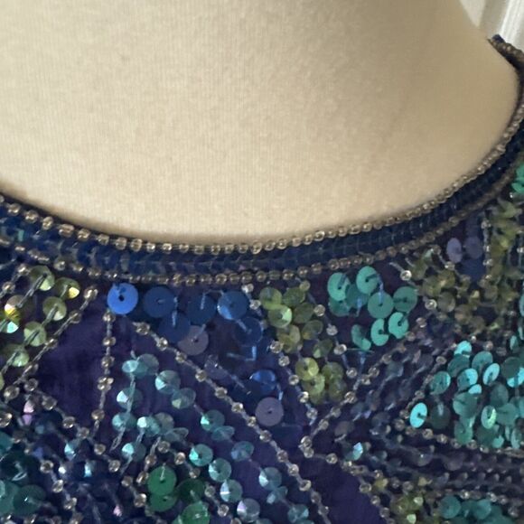 Jakelin Designs Beaded Sequin Top Large Silk Lined Geo Vintage 80s Glam Blue - Picture 2 of 14